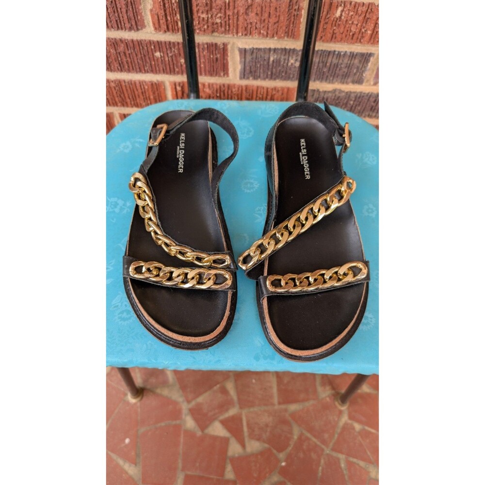 Kelsi Dagger Brooklyn Script Slingback Sandal- Black w/ Gold Chain Links- Sz 9.5